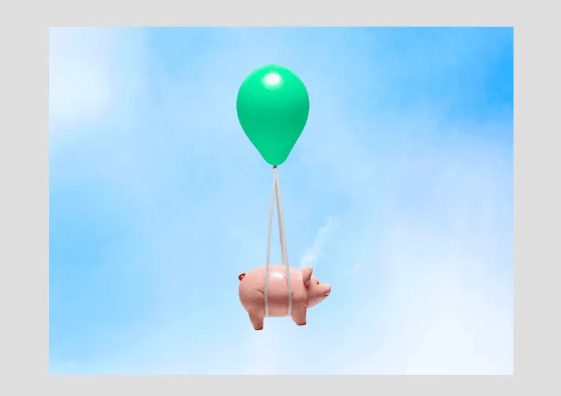 Un ballon vert flotte dans le ciel, soulevant une tirelire rose avec des lanières blanches. L'arrière-plan est bleu avec quelques nuages.