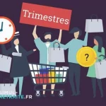 Illustration de quatre personnes avec des sacs de courses, un caddie, une horloge, une pièce de monnaie avec un point d'interrogation et un panneau rouge indiquant Trimestres. Le logo de SimulRetraite.fr apparaît dans le coin.