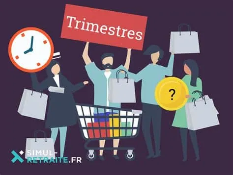 Illustration de quatre personnes avec des sacs de courses, un caddie, une horloge, une pièce de monnaie avec un point d'interrogation et un panneau rouge indiquant Trimestres. Le logo de SimulRetraite.fr apparaît dans le coin.