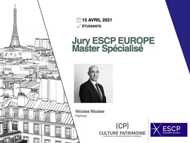Diapositive de présentation pour le Jury ESCP EUROPE Master Spécialisé avec la date du 15 avril 2021. Inclut un paysage urbain de Paris, une photo de Nicolas Nicaise, et les logos de l'ESCP Business School et de Culture Patrimoine.