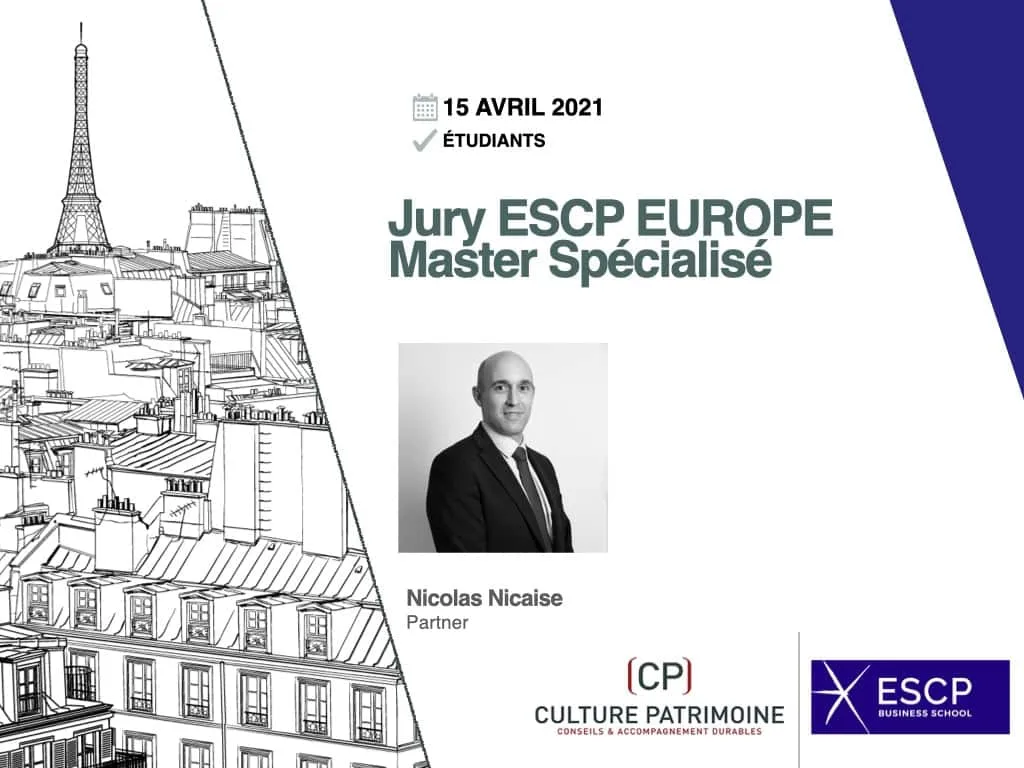 Diapositive de présentation pour le Jury ESCP EUROPE Master Spécialisé avec la date du 15 avril 2021. Inclut un paysage urbain de Paris, une photo de Nicolas Nicaise, et les logos de l'ESCP Business School et de Culture Patrimoine.