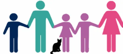 Illustration stylisée d'une famille se tenant par la main, comprenant deux adultes, trois enfants et un chat noir assis devant eux. Chaque personnage est dans une nuance différente de bleu, de sarcelle ou de rose.