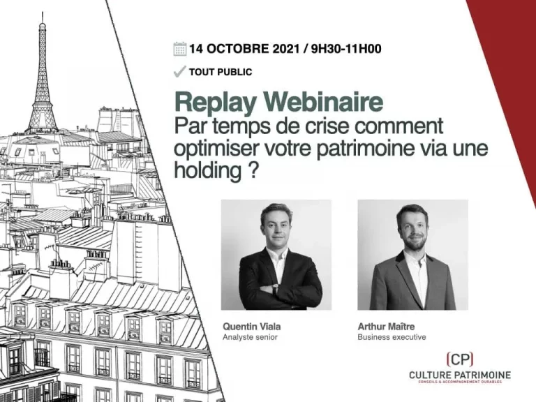 Annonce de rediffusion du webinaire avec dessin de l'horizon parisien, date et heure de l'événement, et portraits des deux intervenants : Quentin Viala, analyste, et Arthur Maître, dirigeant. Sujet : optimisation des actifs via une holding en temps de crise.