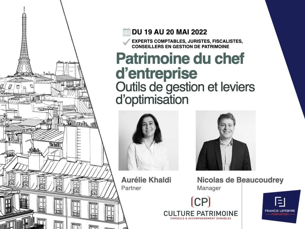 Dépliant promotionnel pour un événement de gestion d'entreprise à Paris, les 19 et 20 mai 2022, présentant les portraits d'Aurélie Khaldi et de Nicolas de Beaucoudrey, avec des détails textuels et une illustration de l'horizon parisien, y compris la Tour Eiffel.