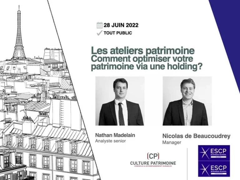 Affiche d'événement avec illustration de l'horizon parisien et de la Tour Eiffel. Le texte annonce un atelier public sur l'optimisation des actifs par le biais d'une société holding, avec des photos de Nathan Madelain et Nicolas de Beaucoudrey. Logos du CP et de l'ESCP inclus.