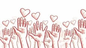 Illustration de plusieurs mains levées de couleur rouge, tendues vers plusieurs cœurs rouges flottants sur fond blanc, symbolisant l'amour, le soutien ou la communauté.