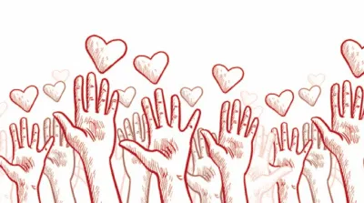 Illustration de plusieurs mains levées de couleur rouge, tendues vers plusieurs cœurs rouges flottants sur fond blanc, symbolisant l'amour, le soutien ou la communauté.