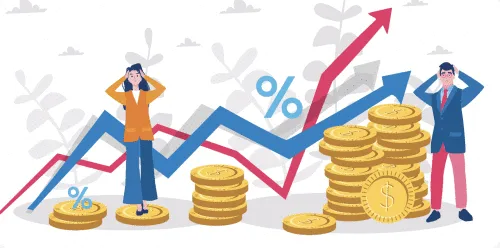 Illustration d'une femme et d'un homme inquiets à côté de piles de pièces de monnaie, de signes de pourcentage et de flèches orientées vers le haut, symbolisant la hausse de l'inflation ou la croissance économique.