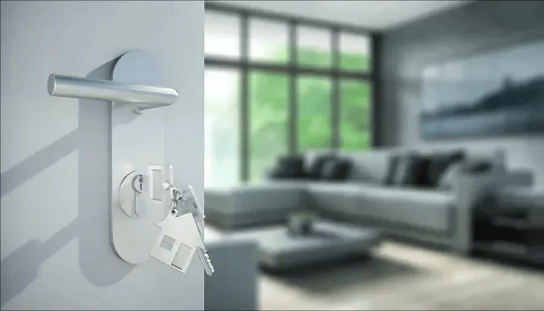 Gros plan sur une poignée de porte moderne avec une clé et un porte-clés en forme de maison, légèrement ouverte pour révéler un salon contemporain lumineux avec un canapé et de grandes fenêtres en arrière-plan.