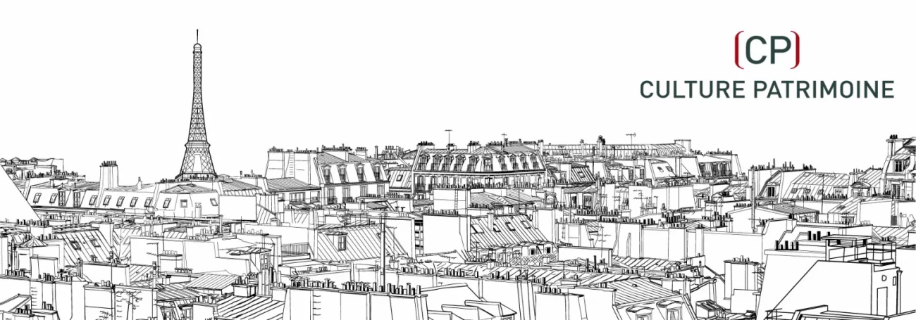 Dessin au trait des toits de Paris avec la Tour Eiffel à gauche. À droite, le texte "(CP) CULTURE PATRIMOINE" apparaît, avec CP en rouge et vert. Le fond est blanc.