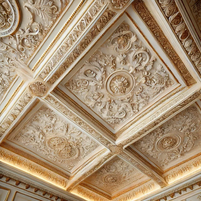 Plafond orné de panneaux carrés présentant des motifs floraux et tourbillonnants détaillés en blanc et or, mis en valeur par un éclairage chaud sur le pourtour.