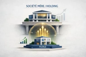 Illustration montrant un grand bâtiment intitulé Société Mère / Holding au-dessus d'un plus petit bâtiment intitulé Filiale, à l'intérieur d'un dôme protecteur avec des flèches dorées vers le haut, symbolisant la croissance et la hiérarchie de l'entreprise.