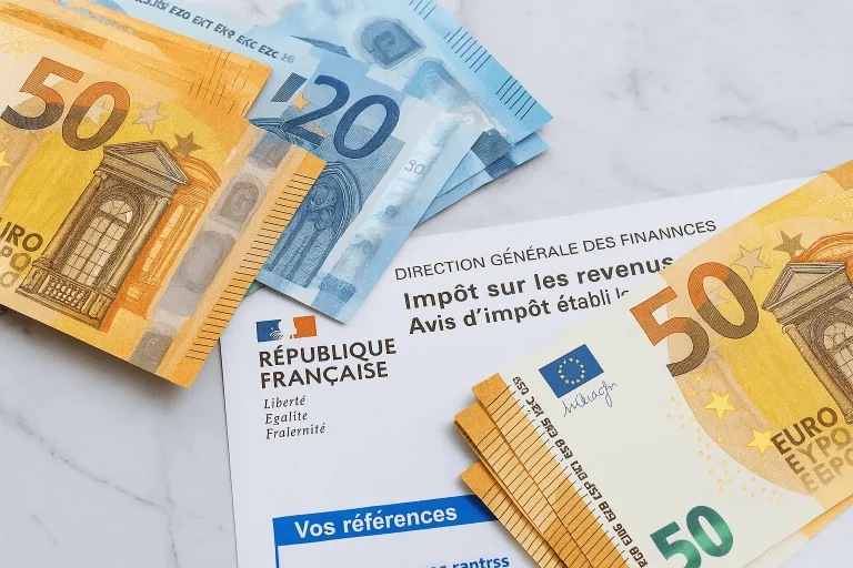 Plusieurs billets de 50 et 20 euros sont étalés sur une surface de marbre blanc à côté d'un document fiscal français provenant de l'administration fiscale de la République française.