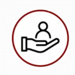 Un contour noir d'une main tenant l'icône d'une personne, à l'intérieur d'un cercle blanc avec une bordure rouge sur un fond noir.