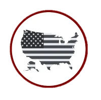 Une silhouette des États-Unis remplie d'un drapeau américain en noir et blanc, entouré d'un cercle rouge sur fond blanc.