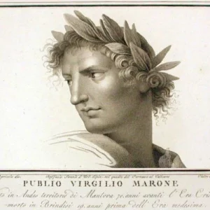 Illustration de style classique représentant un homme aux cheveux bouclés portant une couronne de laurier sur la tête, tourné vers la gauche. Le nom Publio Virgilio Marone apparaît en haut de l'image.