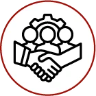 Icône noir et blanc de deux mains qui se serrent, avec trois personnes et un engrenage au-dessus d'elles, entourées d'un cercle bordé de rouge, représentant le travail d'équipe ou la collaboration.