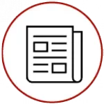 Dessin au trait en noir et blanc d'un journal avec des rectangles représentant le texte et les images, entourés d'un cercle blanc avec une bordure rouge et un fond rouge.