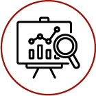 Icône en noir et blanc d'un tableau de présentation affichant un graphique à barres et un graphique linéaire, avec une loupe superposée, entourée d'un cercle rouge. Représente l'analyse des données ou l'analytique.
