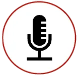 L'icône d'un microphone noir de style ancien est centrée sur un cercle blanc entouré d'une épaisse bordure rouge.