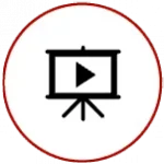 Une icône noire d'un écran de présentation avec un bouton de lecture au centre, affiché sur un cercle blanc avec une bordure rouge.