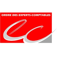 Logo de l'Ordre des Experts-Comptables avec un fond rouge, un swoosh blanc et gris, et un texte blanc en haut indiquant ORDRE DES EXPERTS-COMPTABLES.