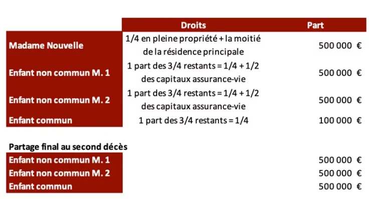 scénario apres aménagement d'une succession avec patrimoine, liquiditées entre enfants d'un premier lit et un enfant du couple remarié