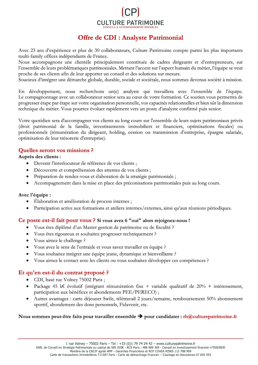 Offre d'emploi d'Analyste Patrimonial contrat en CDI chez Culture Patrimoine