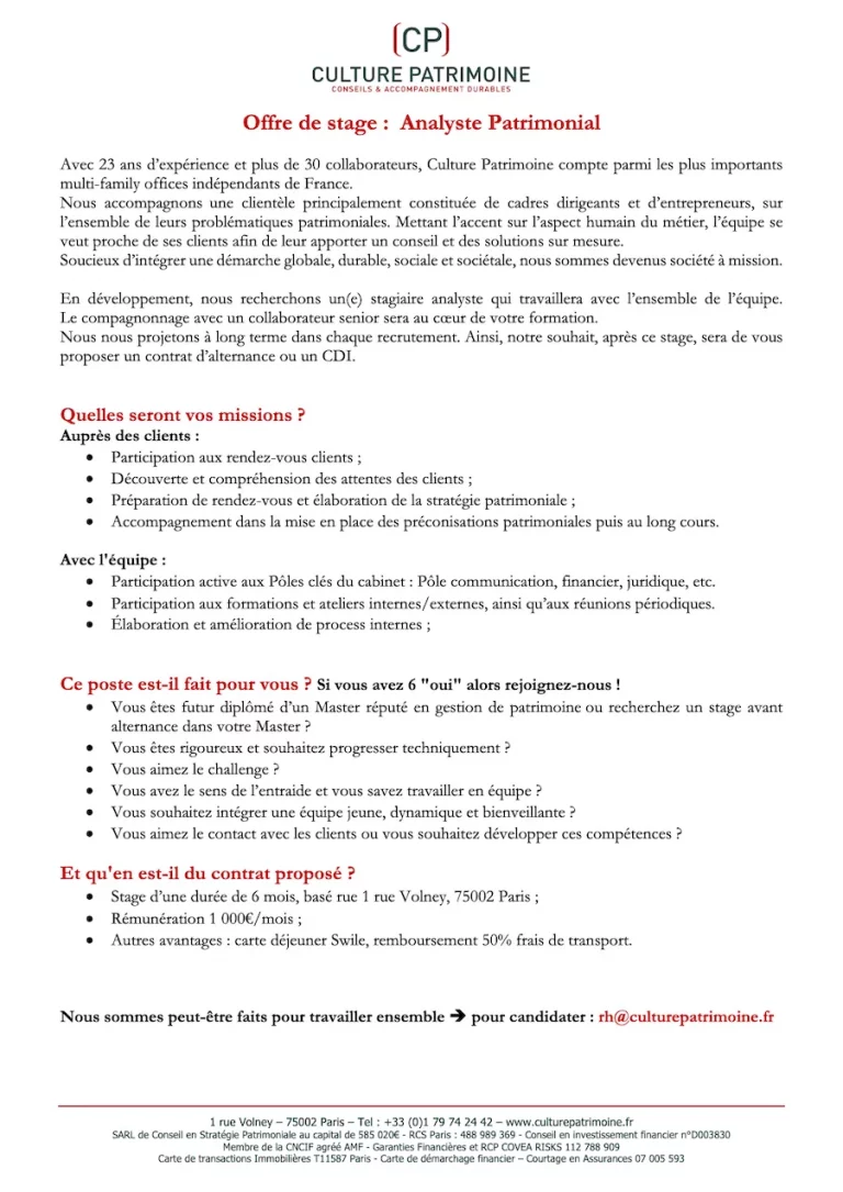 Offre d'emploi d'Analyste Patrimonial contrat de stage chez Culture Patrimoine