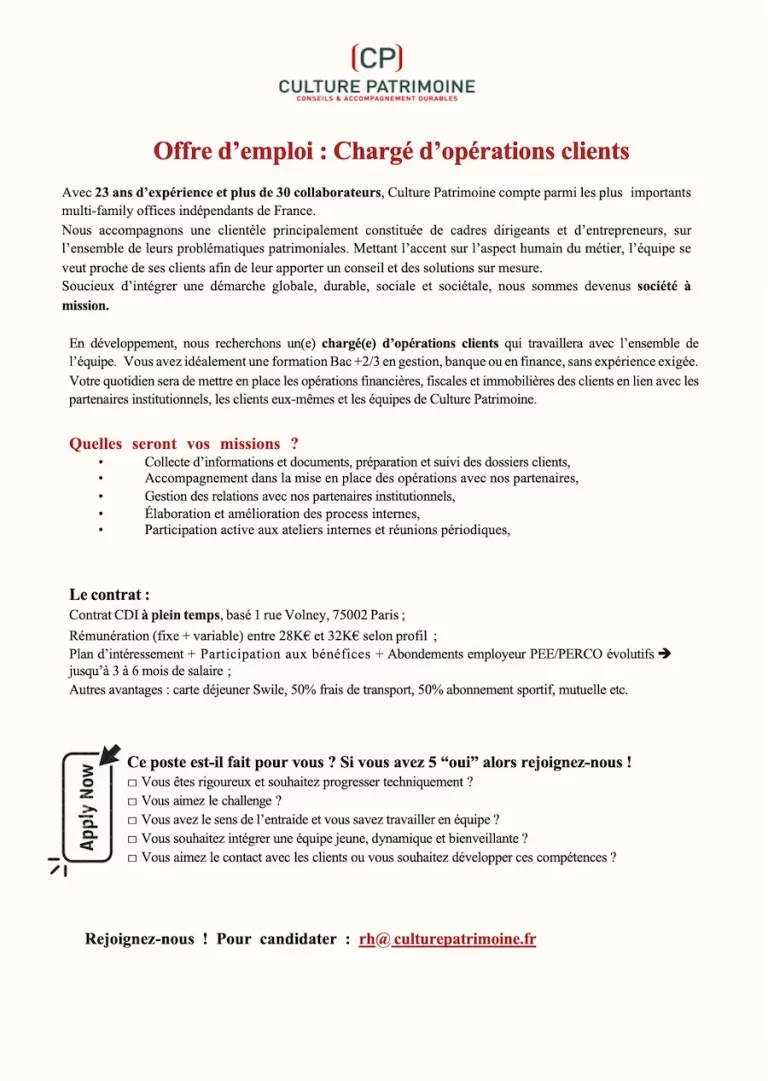 Offre d'emploi Chargé d'opérations clients chez Culture Patrimoine