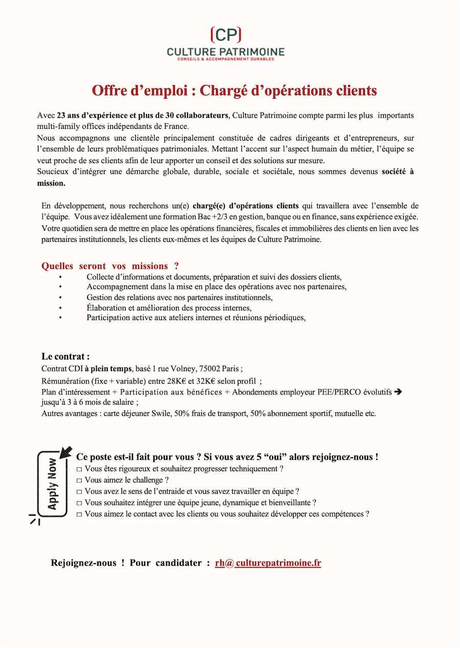 Offre d'emploi Chargé d'opérations clients chez Culture Patrimoine