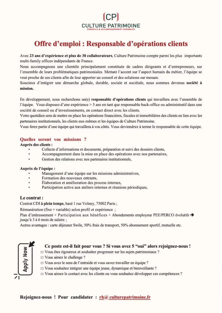 Offre d'emploi pour un poste de Responsable Operations Clients chez Culture Patrimoine