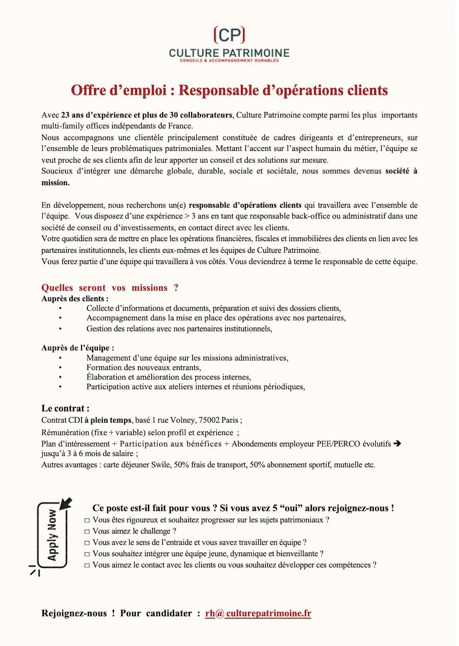 Offre d'emploi pour un poste de Responsable Operations Clients chez Culture Patrimoine