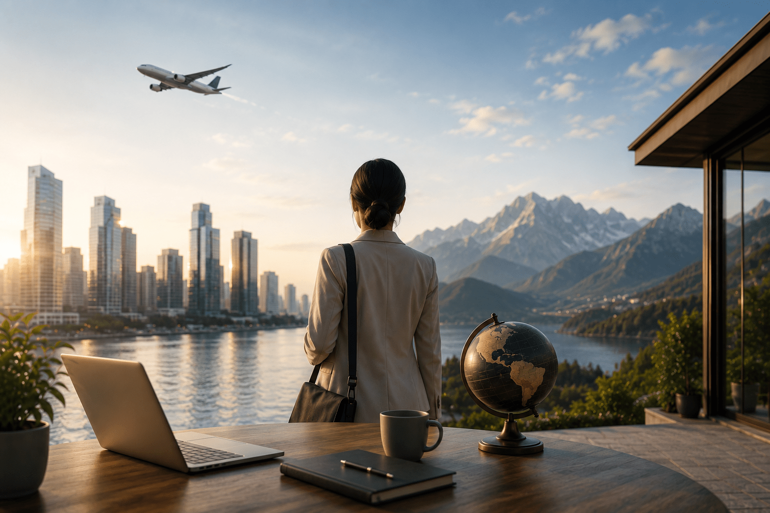 Une femme face à un paysage entre ville et montagnes, avec un ordinateur et un globe au premier plan.