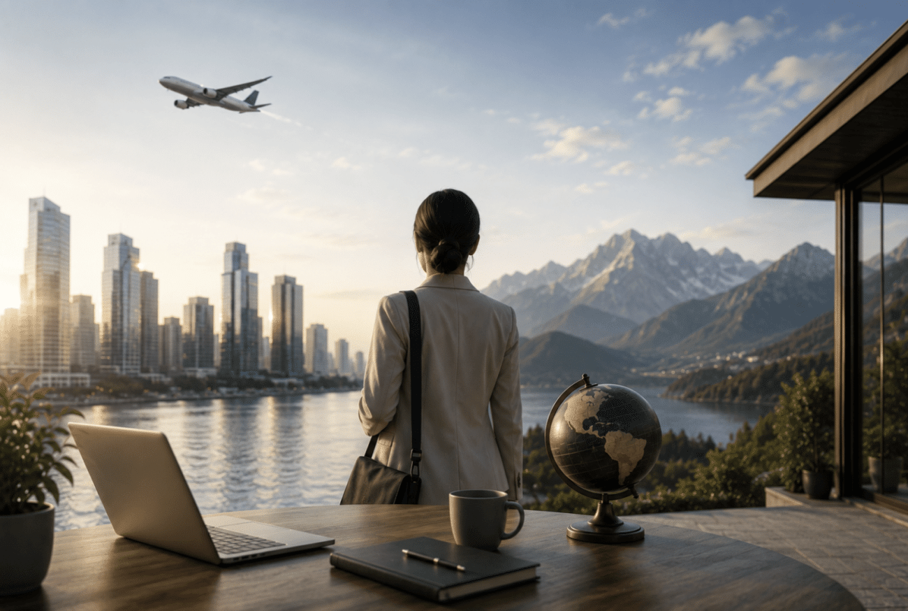 Une femme d'affaires de dos regarde un paysage urbain et montagneux depuis un bureau équipé d'un ordinateur portable, d'un globe terrestre et d'une