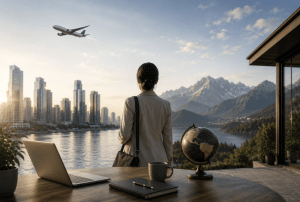 Une femme d'affaires de dos regarde un paysage urbain et montagneux depuis un bureau équipé d'un ordinateur portable, d'un globe terrestre et d'une